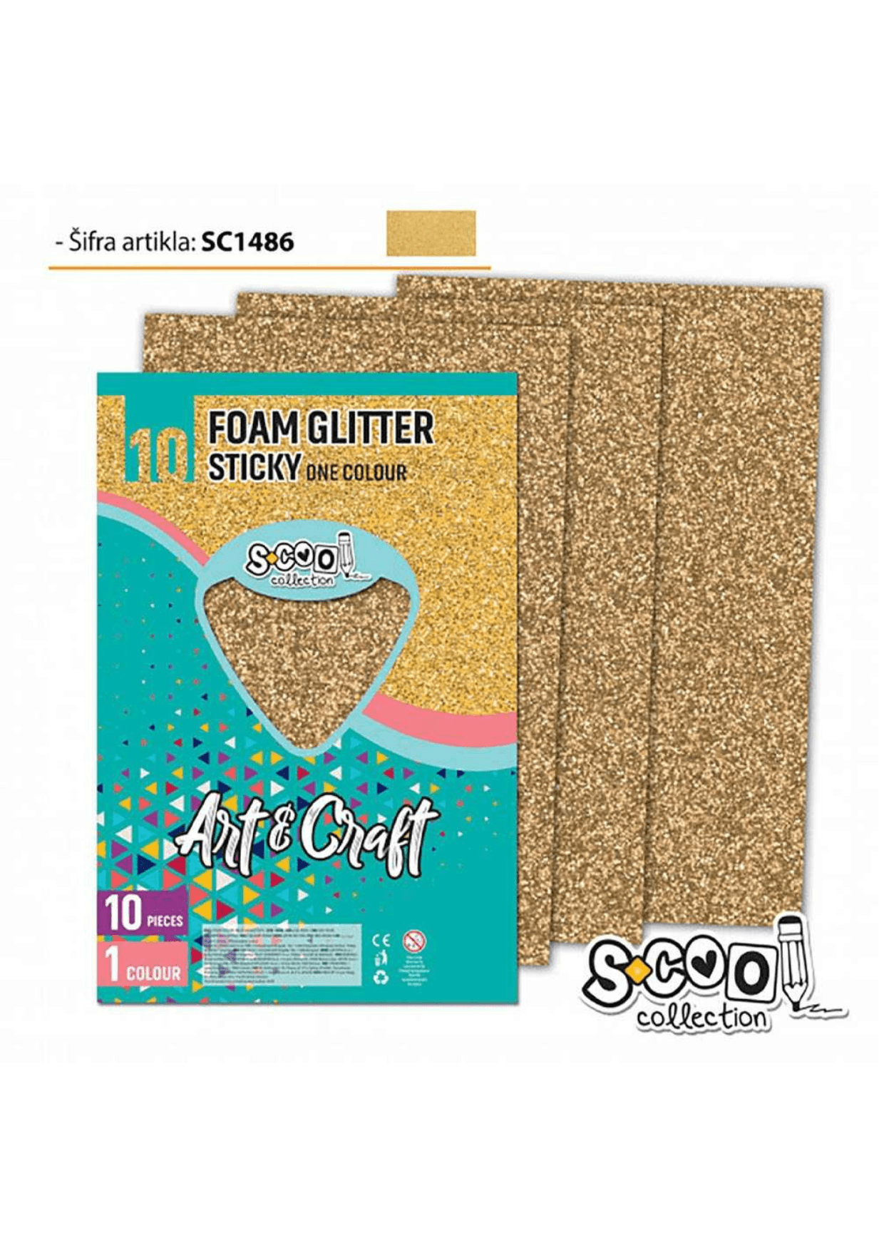 Hârtie buretată, adezivă, glitter, aurie Hârtie buretată, adezivă, glitter, aurie, 10 buc/set - imagine 1