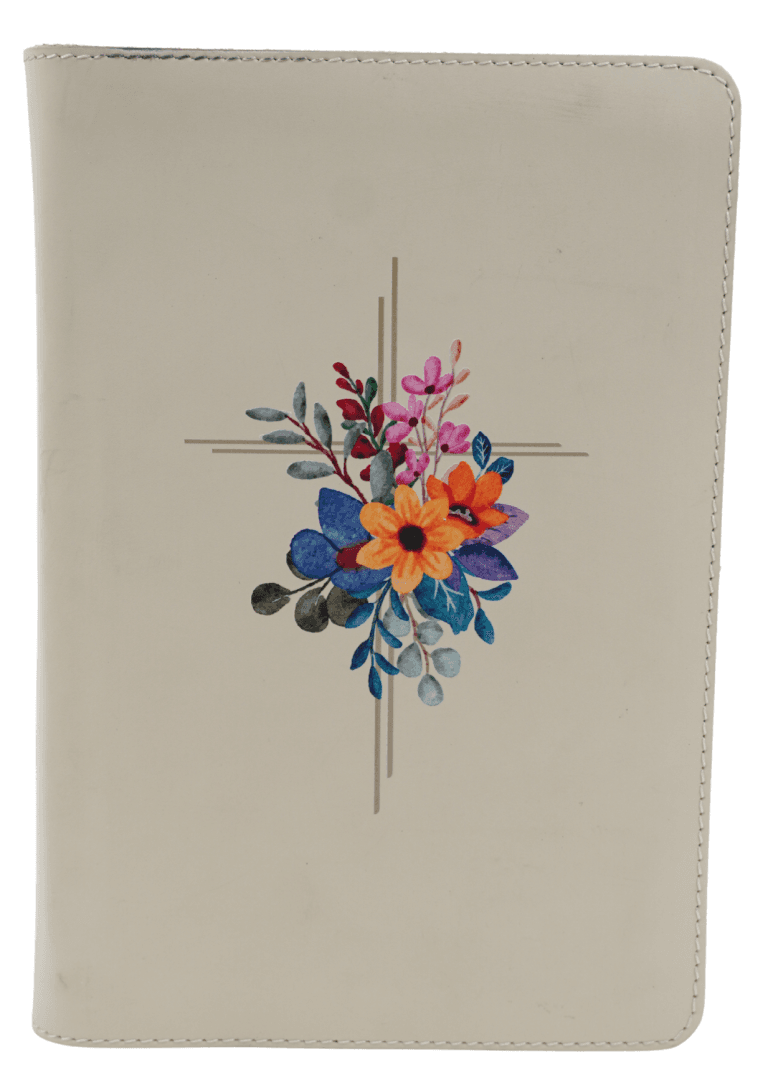 Biblie medie TI Crem cu Cruce simplă și flori - Piele naturală