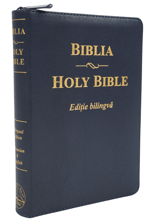 Biblie bilingvă romană-engleză Medie Albastru Navy